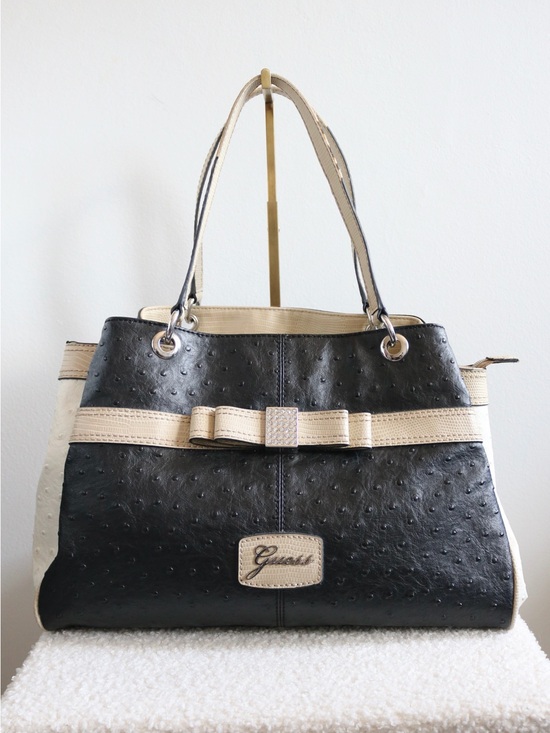 Guess Handbags - Vintage Y2K Guess Shoulder Bag Purse Cream Black Faux Ostrich Bow Rhinestone